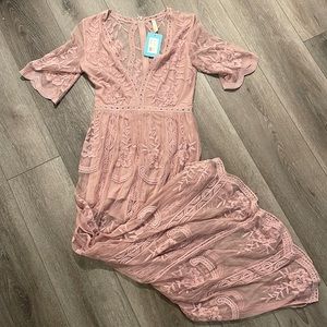 NWT Wishlist Mauve Lace Romper Maxi Scallop Hem Deep V Dress Size Small